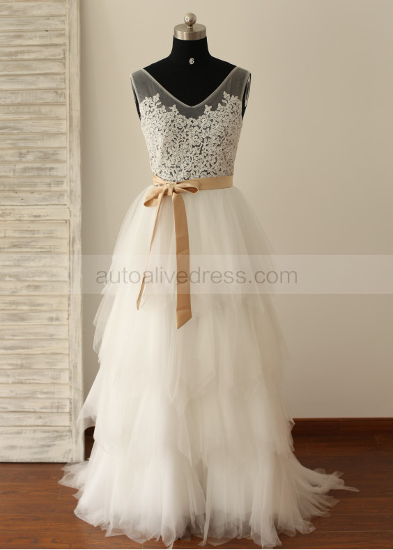 Sheer Lace Ruffle Tulle Long Prom Dress